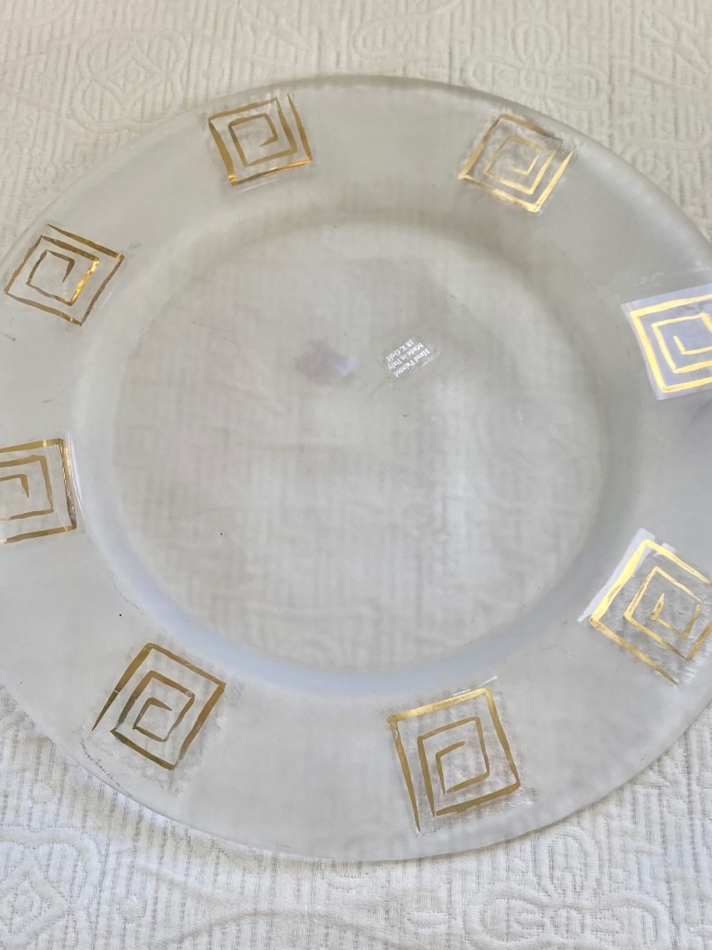 Vintage Frosted Glass Charger with Greek Symbol. Hand Painted 18K. Made in Italy